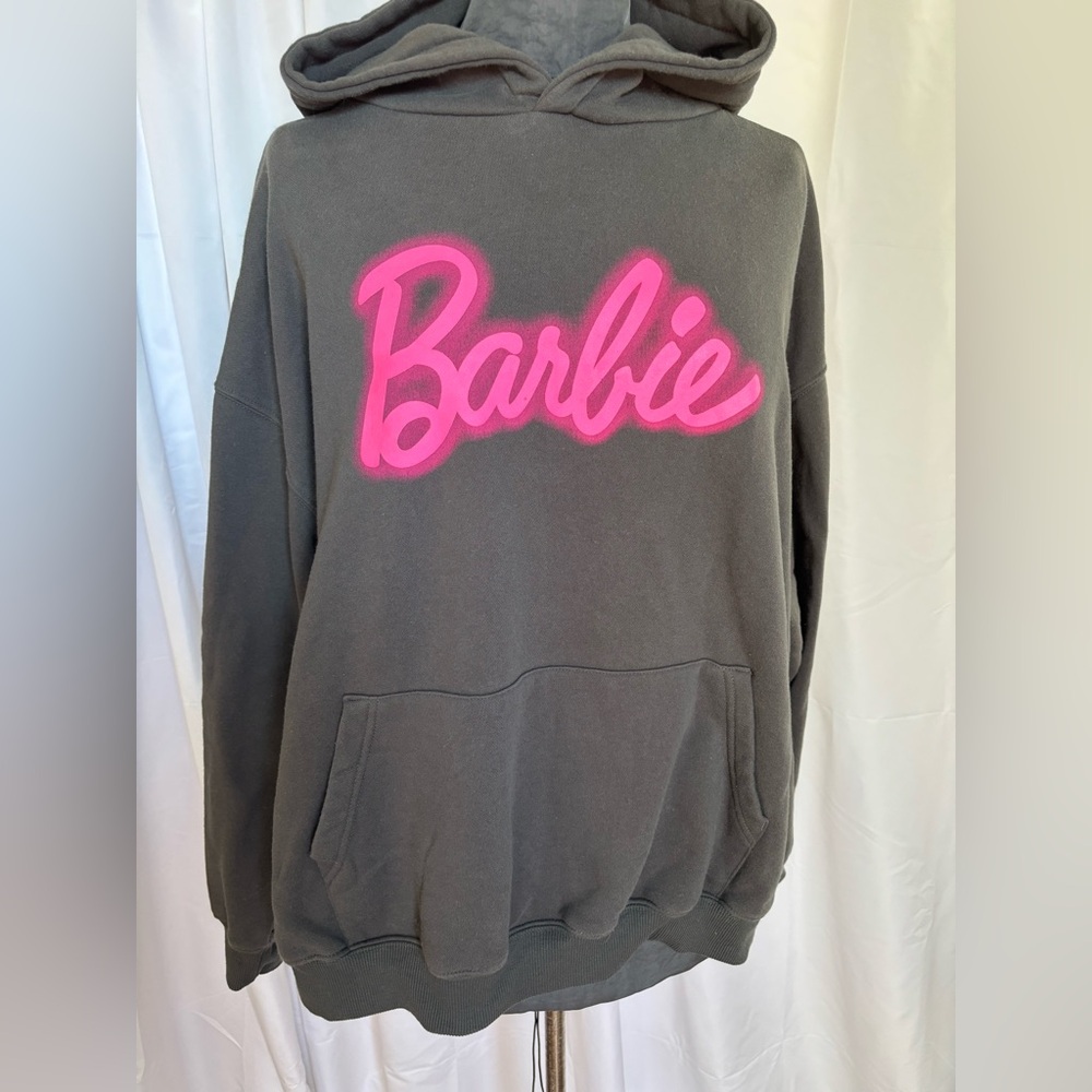 Authentic Gray Barbie Hoodie with Pink Logo, Size XL